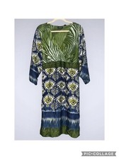 Avenue Green & Blue Floral Satin V Neck 3/4 Sleeve Tie Back Knee Length Dress 20