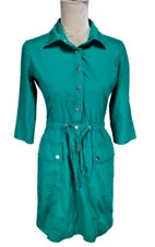 Calvin Klein Women Button Up Shirt Dress Size 4 Turquoise 3/4 Sleeve Draw String