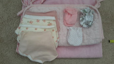 9 piece Baby Girl Bundle Hooded Towel/Quilted Pad/Bandana Bibs/Mittens Pre-owned