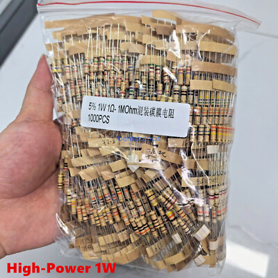 1W! 5% 1000Pcs 100 Values 1Ω - 1MΩ Assorted Carbon Film Resistors Assortment Kit