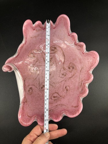 Vtg Murano Hand Blown Oyster Shell Bowl Pink Copper Swirl Encased White 11.5” - Picture 12 of 15