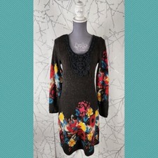 Coco & Tashi Brown Colorful Floral Printed Midi Sweater Dress | Women's M