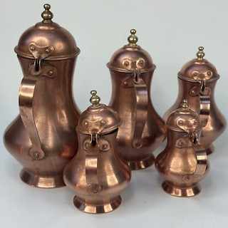 Vintage French Kitchen Traditional Set Of 5 Ornametal Copper Coffee Pots