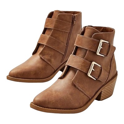 Justice Girls Ankle Boots Brown 7 Faux Leather Double Buckles Side Zip Booties