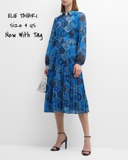 Elie Tahari Pleated Floral-Print Midi Shirtdress Blue Size 4 New With Tag