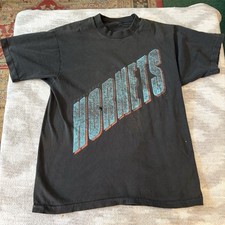 VTG Charlotte Hornets Single Stitch T-shirt Sz Med. Black Spell Out Distressed