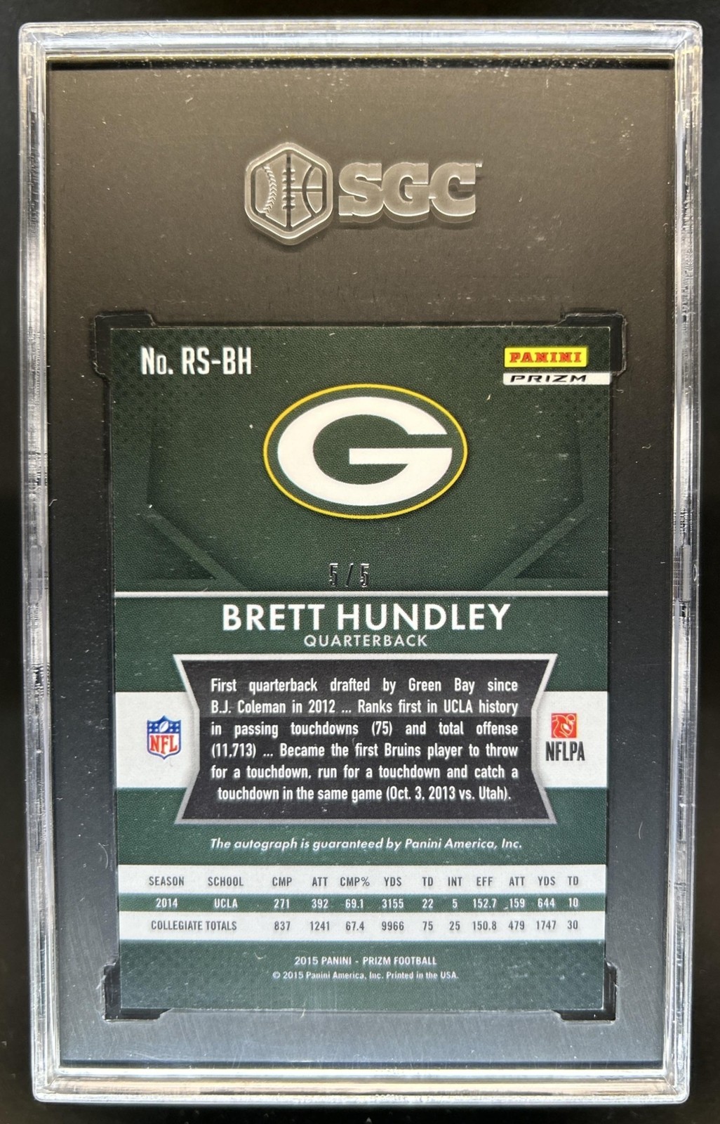 2015 Panini Prizm Brett Hundley Rookie RC Gold Vinyl Auto #/5 Packers SGC 9.5 view 2