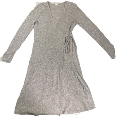 Old Navy Damen Wickelkleid Midi Rippstrick Langarm V-Ausschnitt S Grau Meliert