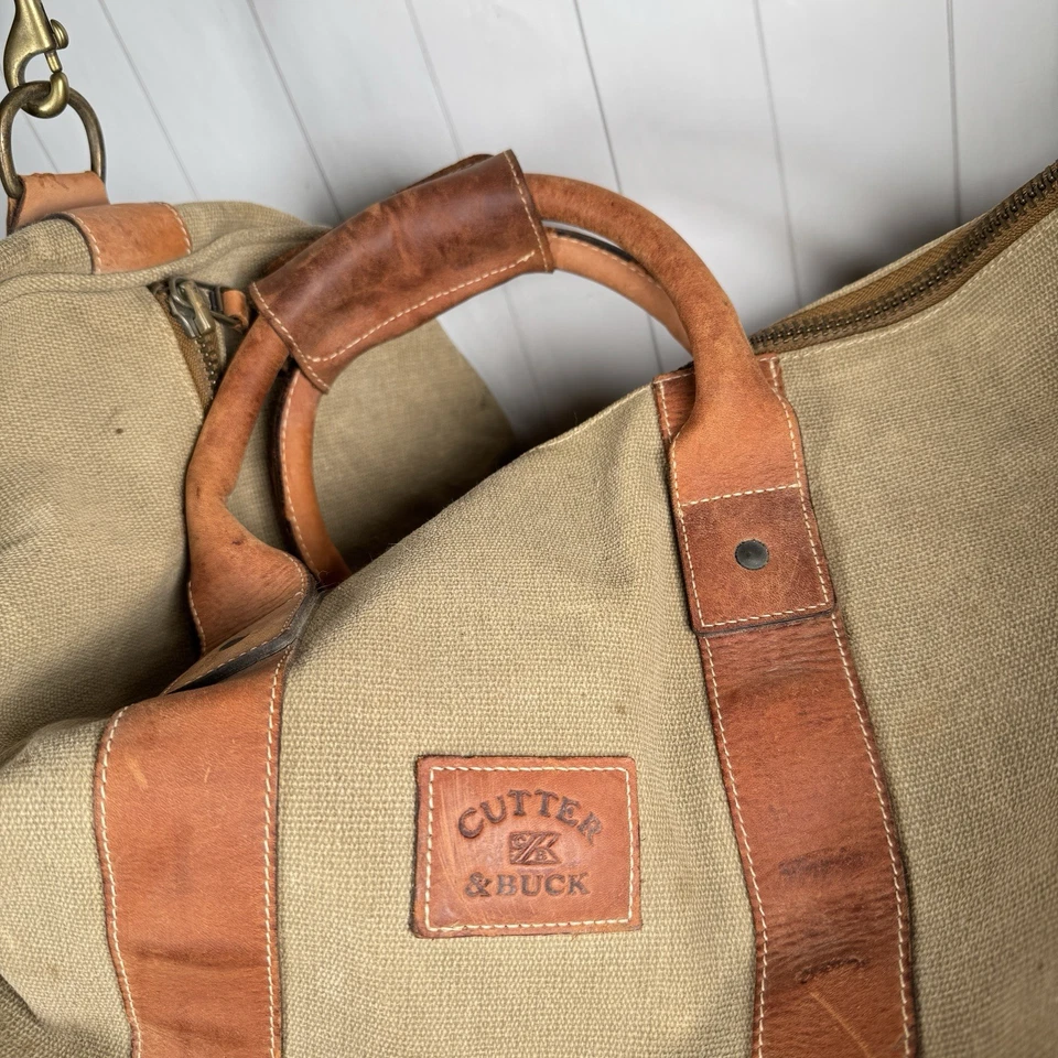Vintage Cutter & Buck Heavy Duty Canvas Duffel Weekender Bag Tan Leather Strap - Image 2 of 4