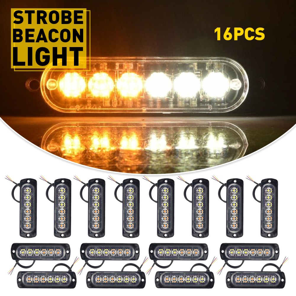 16PCS 12-24V Amber/White 6LED Emergency Strobe Lights for Truck ATV Front Rear
