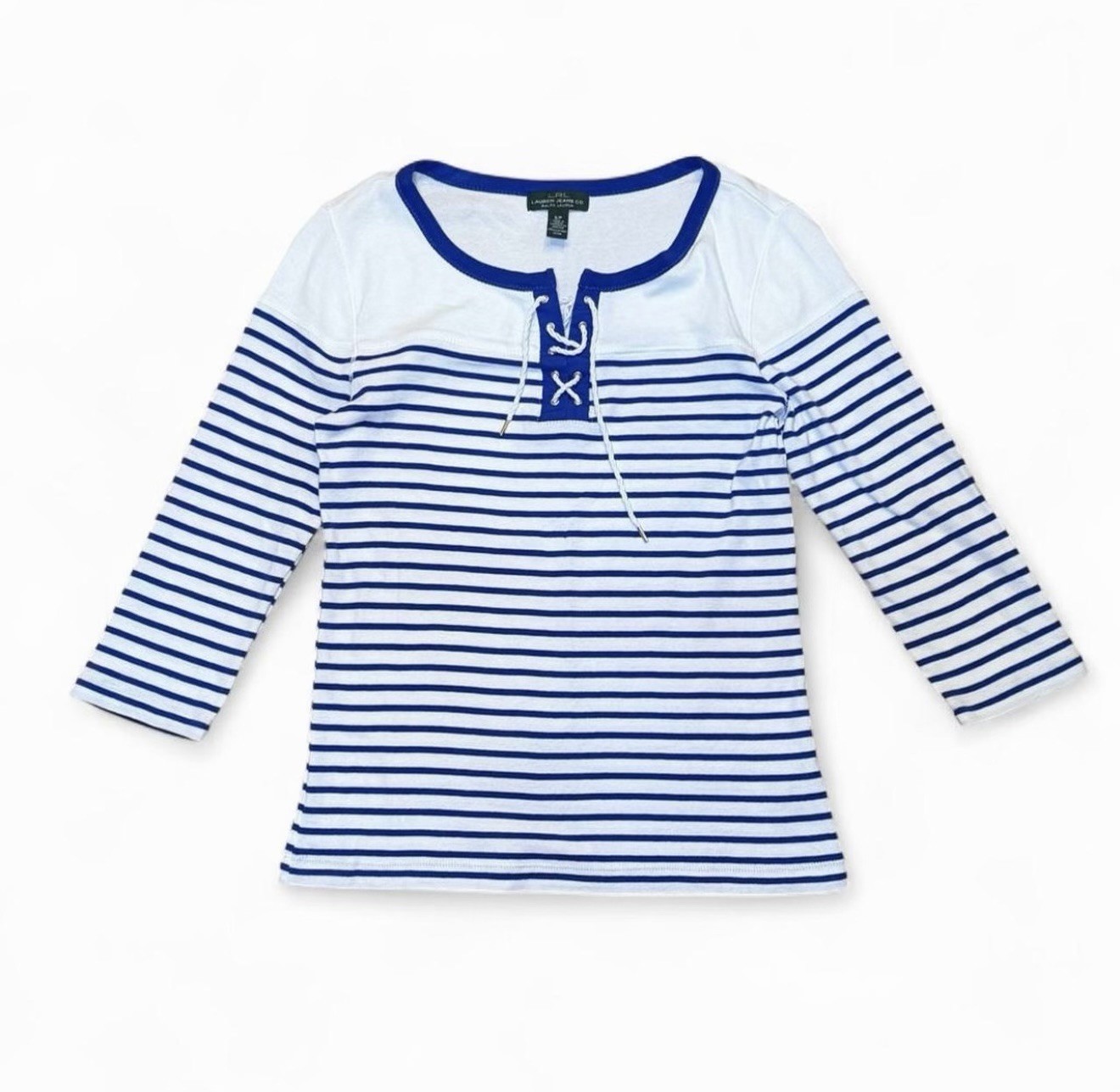 Lauren Ralph Lauren Womens S Nautical Stripe Lace Up 3/4 Sleeve Top Blue White