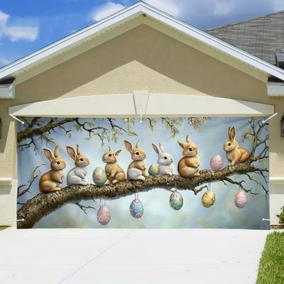 Spring Easter Bunny Eggs Garage Door Cover Door Banner Holiday Party Backdrop