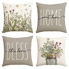 Spring Wildflowers Home Sweet Home Throw Pillow Covers, 18" x 18" Pack of 4