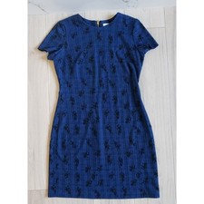 Calvin Klein Sheath Dress Womens 4 Blue Plaid Floral Jacquard Stretch Modest