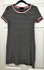 Tommy Hilifiger Women's Navy/White Striped Dress with Logo and Red Details