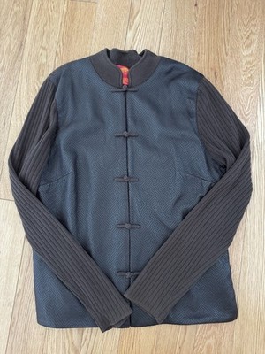 Shanghai Tang Women Large Wool Leather Sweater Jacket Chinese Buttons Look