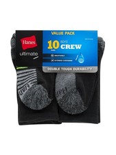 NWT 10 Count Hanes Boys Ultimate Performance Crew Socks Black 9-2.5 Medium New