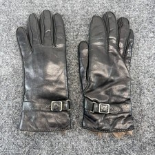 Saks Fifth Avenue Leather Gloves Women Small Black Fur Lined Buckle Strap Vintag