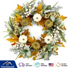 Elegant 22-Inch Boho Farmhouse Fall Wreath with White Pumpkins Greens