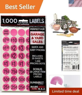 Colorful 1,000 Count Pink Garage Sale Labels - Multiple Price Options Included