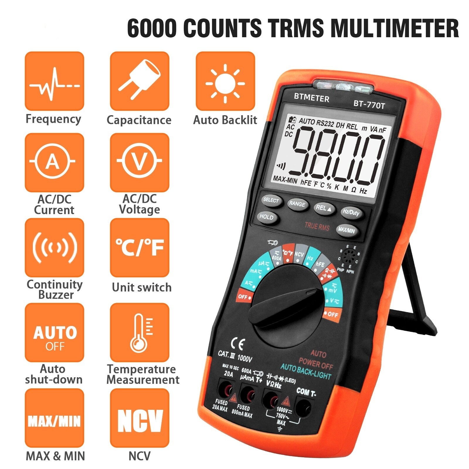 True RMS Digital Multimeter Tester 6000Counts AC DC Volt Current 20A Amp Ohm DMM