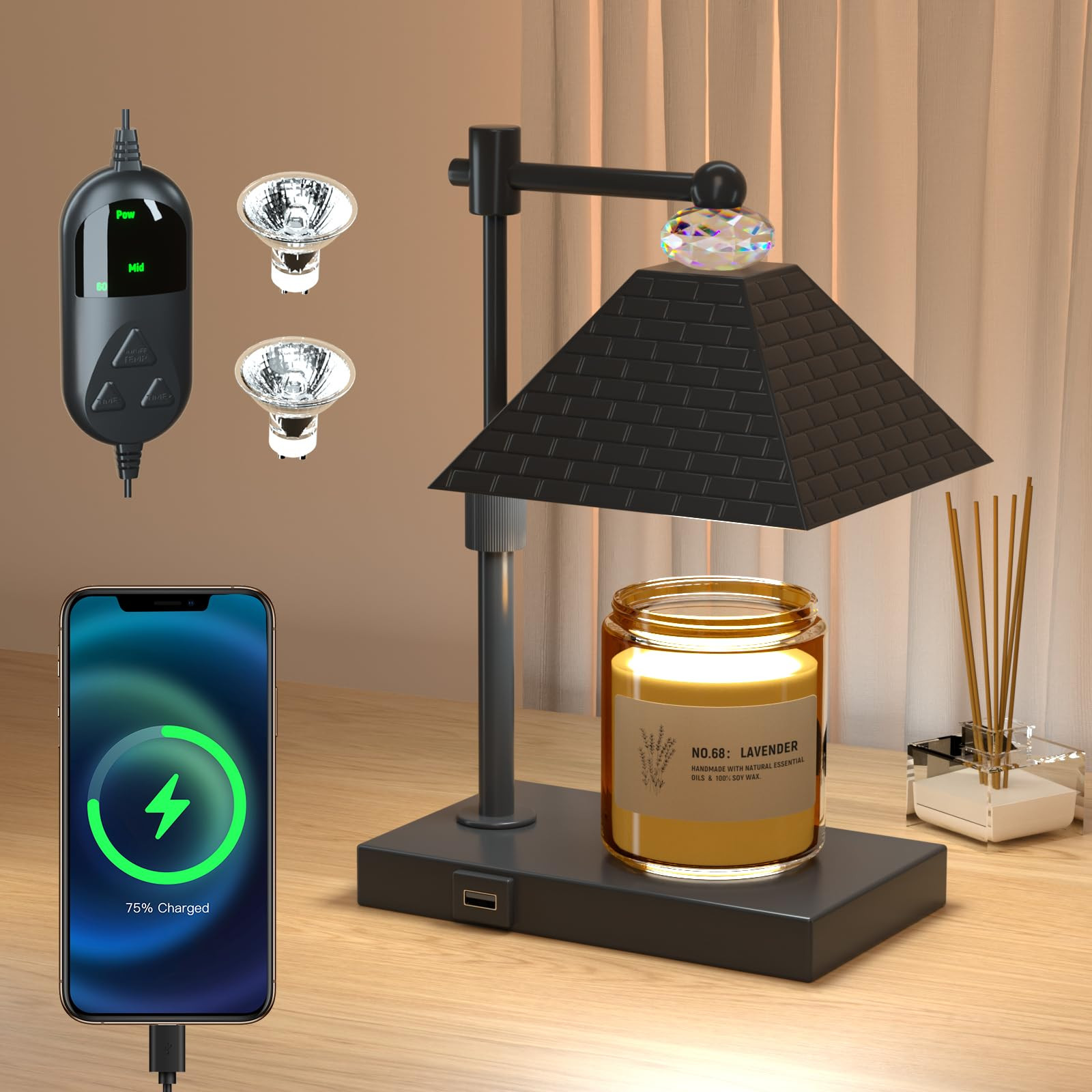 Black Electric Candle Warmer Lamp with Timer 1/2/3/6H & Adjustable Height-image