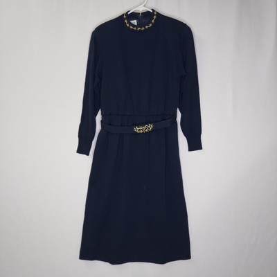 Ciao Wool Dress 10P Navy Knit Long Slv Belt Pocket Old Money Luxury Modest 60s