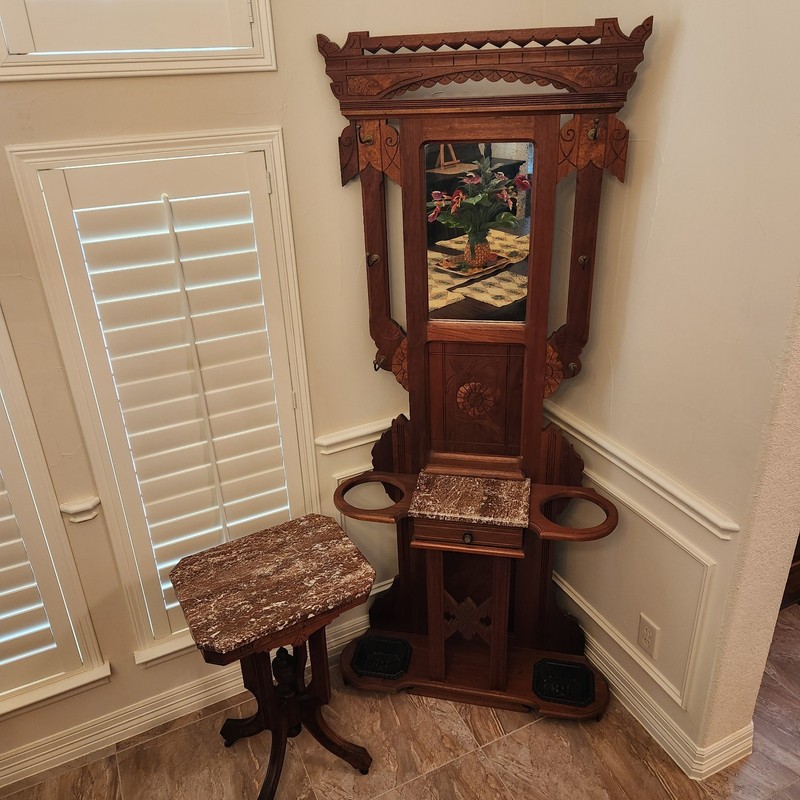 Vintage Oak Hall Tree with Matching Stone Top Table