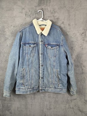 Levi's Sherpa Trucker Jacket Mens 2XL Blue Denim Faux Fur Lined Classic
