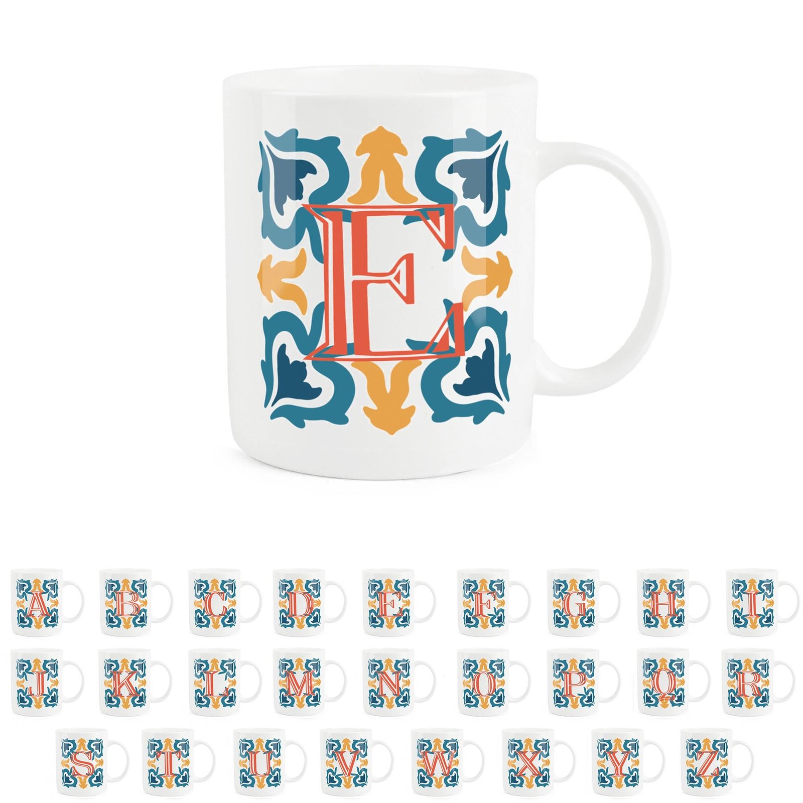 Moroccan Tile Letter E Mug - Orange & Blue Bone China Gift Mug