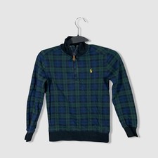 Polo Ralph Lauren Plaid Quarter Zip Sweatshirt Kids 7 Green Blue Preppy Pony