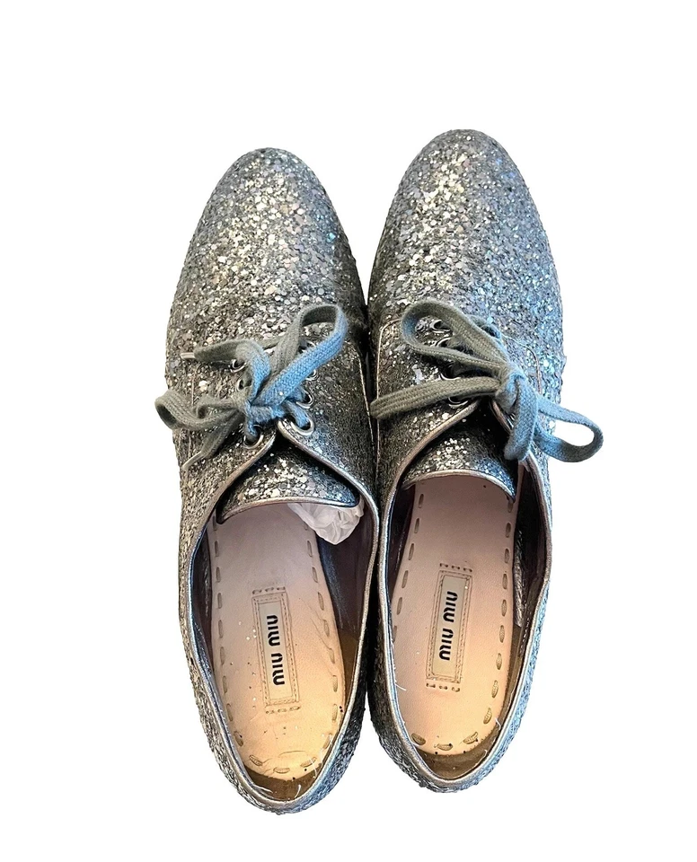 Zapatos Oxford de cuero con cordones con acento brillante plateado Miu Miu talla 38,5 EUR/US 8,5 Foto 3 de 4