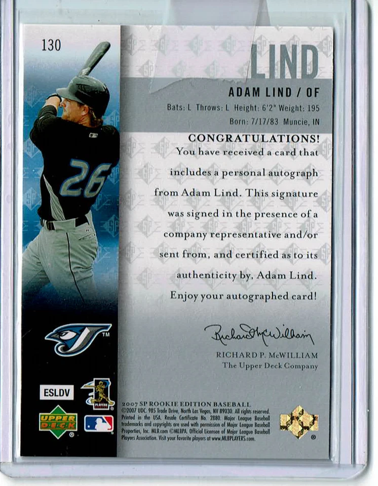 2007 SP Rookie Edition Auto - Adam Lind (#130) Toronto Blue Jays RC - Image 2 of 2