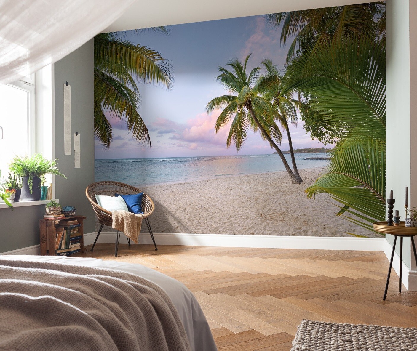 Bedroom Wallpaper Mural 368x248 cm | 144x97 inch beach Island Palms Ocean blue