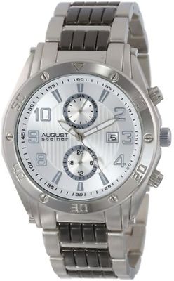 NEW August Steiner AS8070SS Mens Swiss Month Date GMT Silver Dial Two Tone Watch