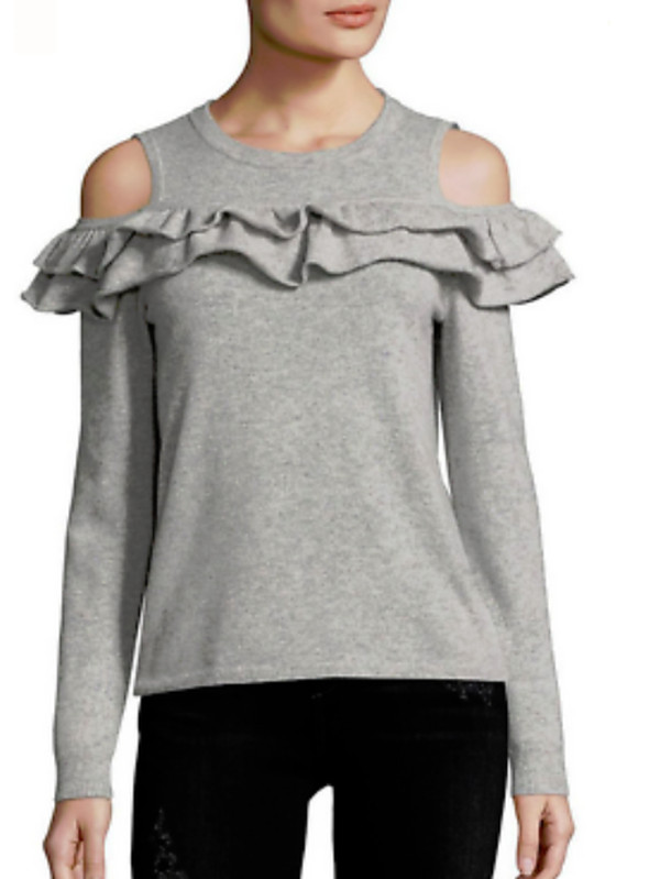 Saks Fifth Avenue Ruffled Cashmere Cold Shoulder Top Silver XS NWT $288