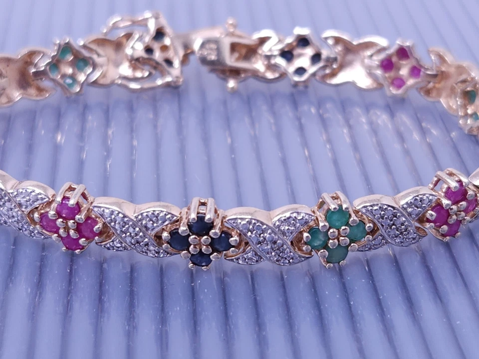 Vtg Sterling Silver GP Lab Created Gemstone Diamond Accent Tennis Bracelet 7" - Image 4 of 4