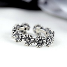 Vintage 925 Sterling Silver Daisies Flowers Adjustable Ring Womens Jewellery 