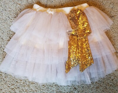 Unbranded Girls 3-Tier Beige w/ Gold Bow Tulle Skirt Size