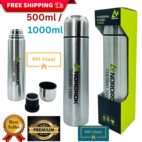Nordrok Steel Flask Vacuum Insulated THERMAL FLASK Thermos 12hr HOT 500ml/ 1Ltr