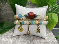 3 PC Handmade Boho Beaded Stackable 6.5" Plus Stretch Bracelet Set New A2594