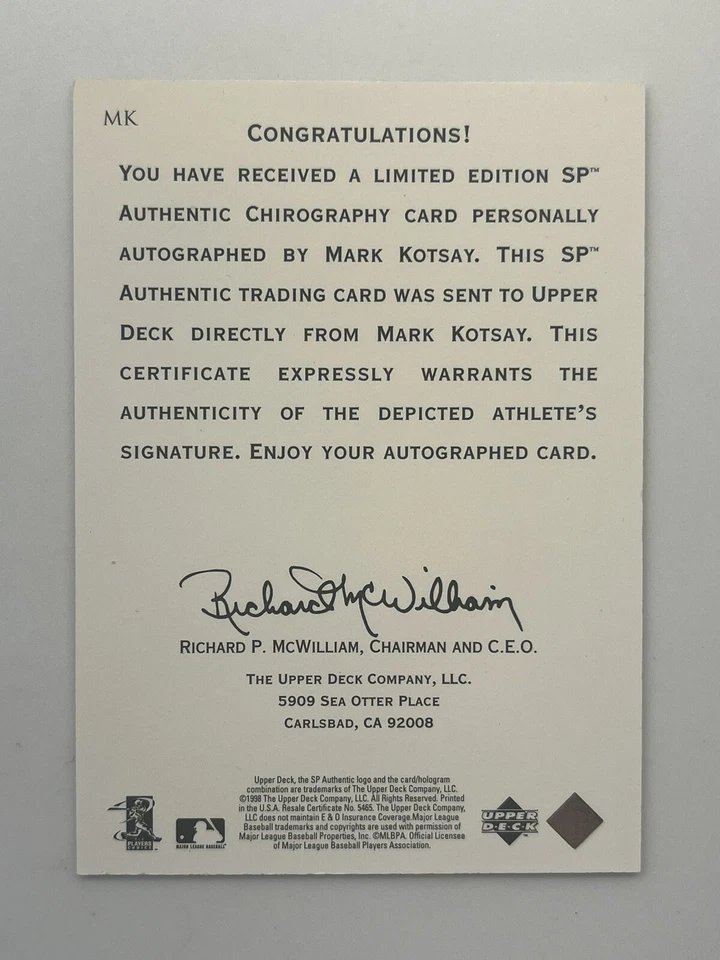 1998 SP Authentic Chirography #MK Mark Kotsay Auto Florida Marlins Baseball Card - Image 2 of 2