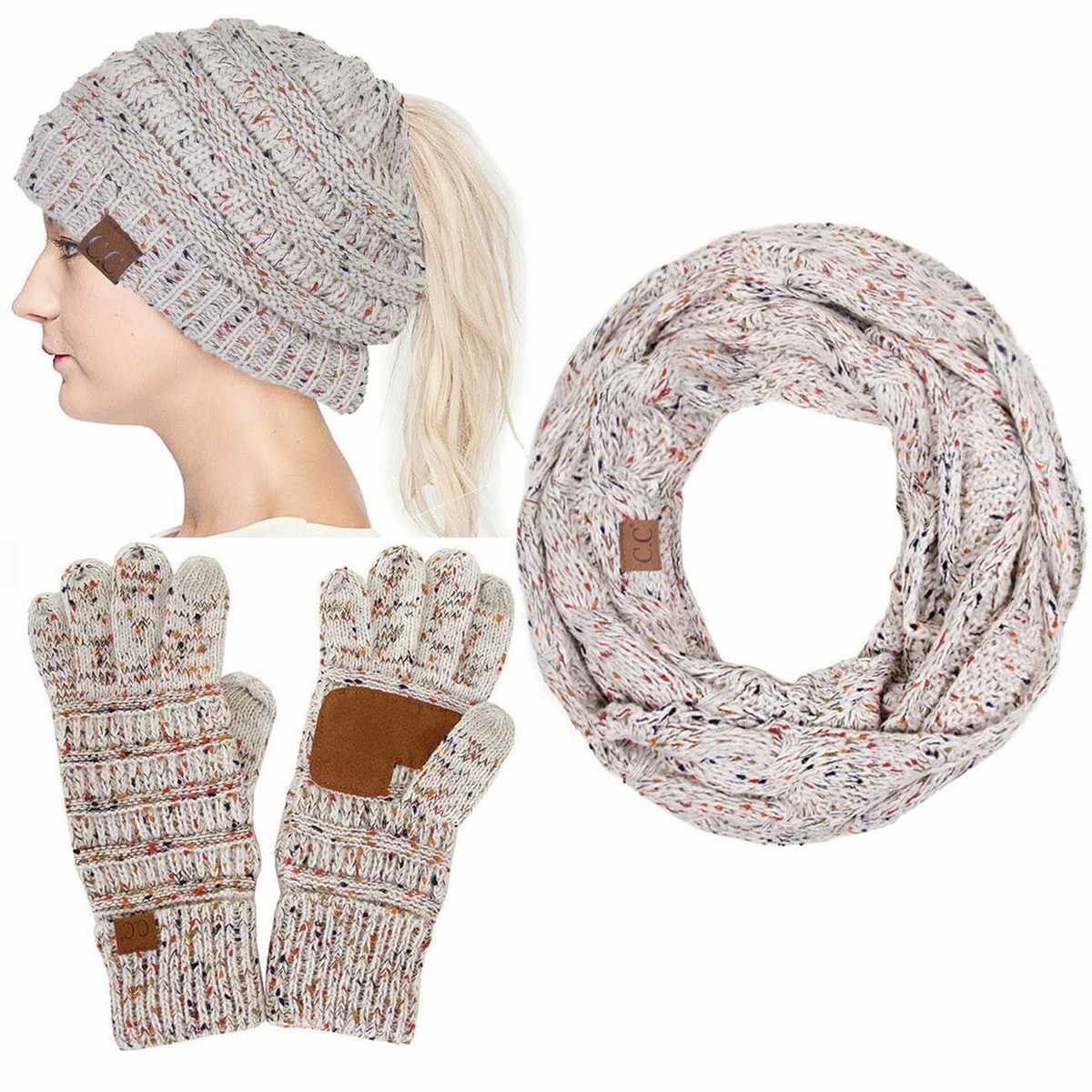 C.C 3pc Confetti Knit Beanie Ponytail Hat Infinity Scarf  display picture 3