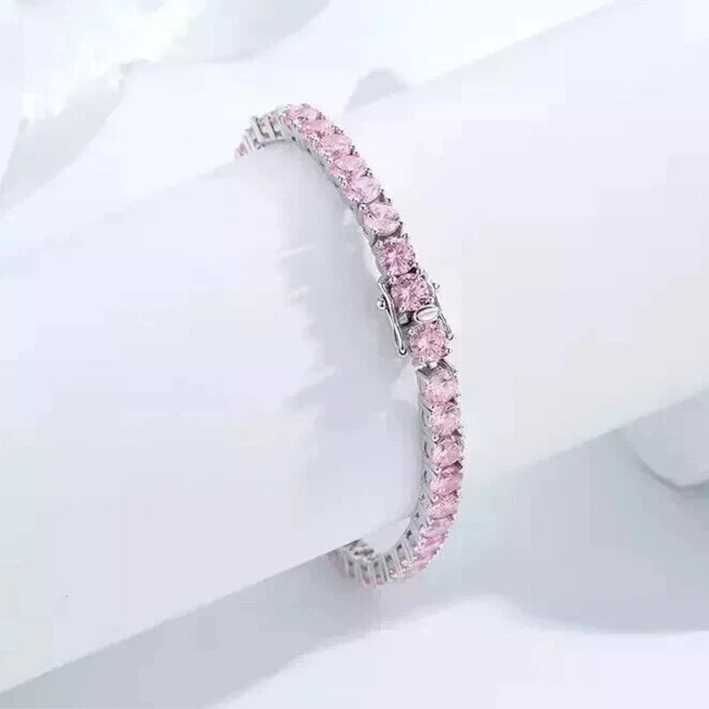Brazalete Tenis Belleza Zafiro Rosa Creado en Laboratorio Redondo 9CT Acabado Oro Blanco 14k Foto 2 de 4