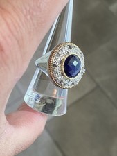 Sterling Silver  Gold Vermeil Blue Corundum Sapphire  White Topaz Ring
