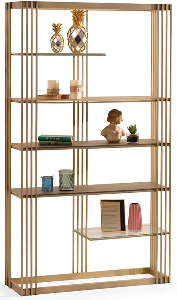 Elegantes BüCherregal Mit Goldfarbenem Metallrahmen Und Glasboden-image