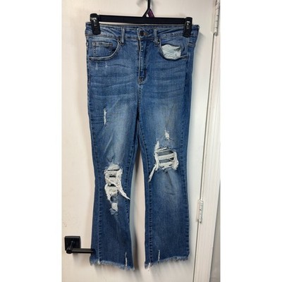 Risen | High Rise Distressed Straight Leg Jeans Raw Hem Medium Wash | Size 28