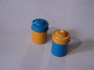 Kodak Metal Film Cannisters 1blue& yellow top & 1 yellow& blue top. Used VF cond