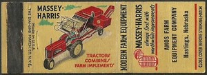 MASSEY-HARRIS early ~ AMOS FARM EQUIP. CO. ~ matchcover HASTINGS, NE nebraska