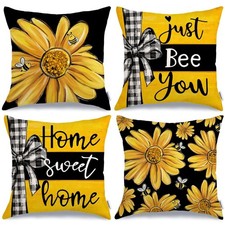 Floral Bee Throw Pillow Covers 18x18" Set of 4, Farmhouse Decor, Summer Accent